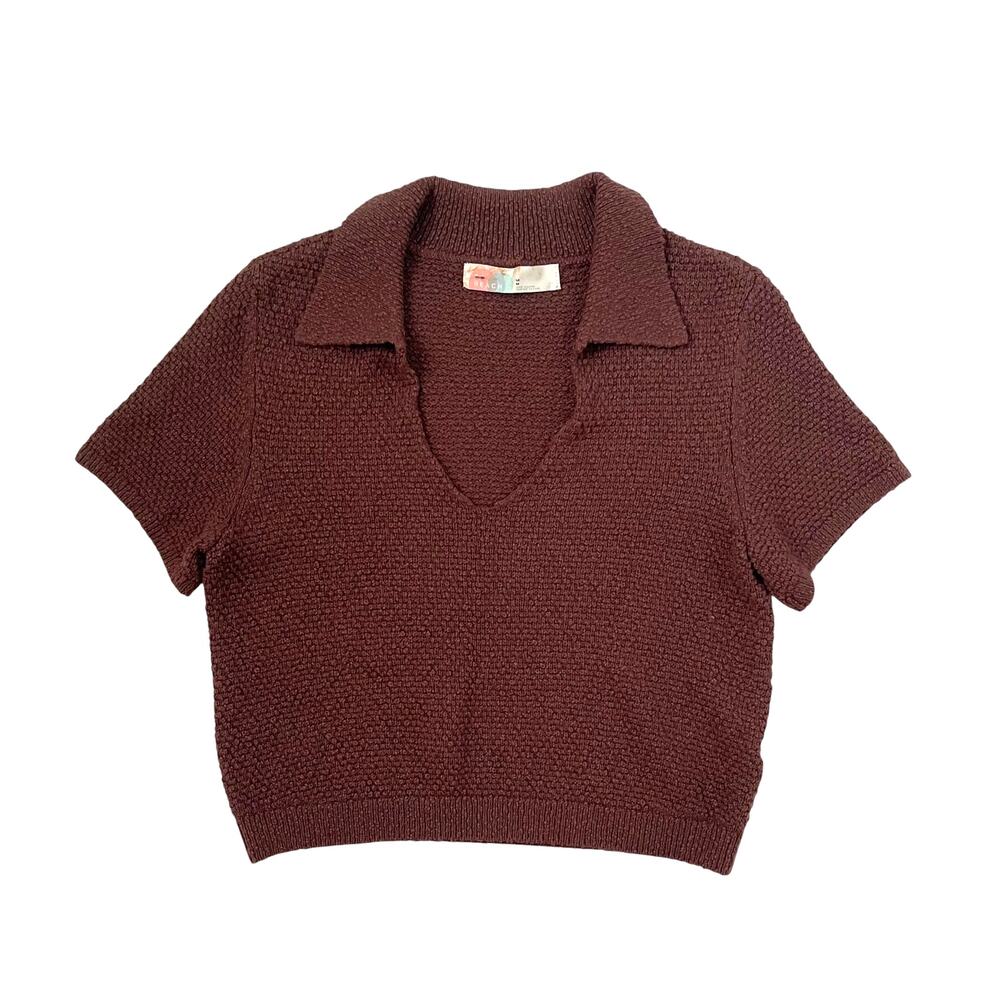 Free People FP Beach Nolan Short Sleeve V-Neck Polo Shirt - Brown Knit Top - M - Picture 2 of 6